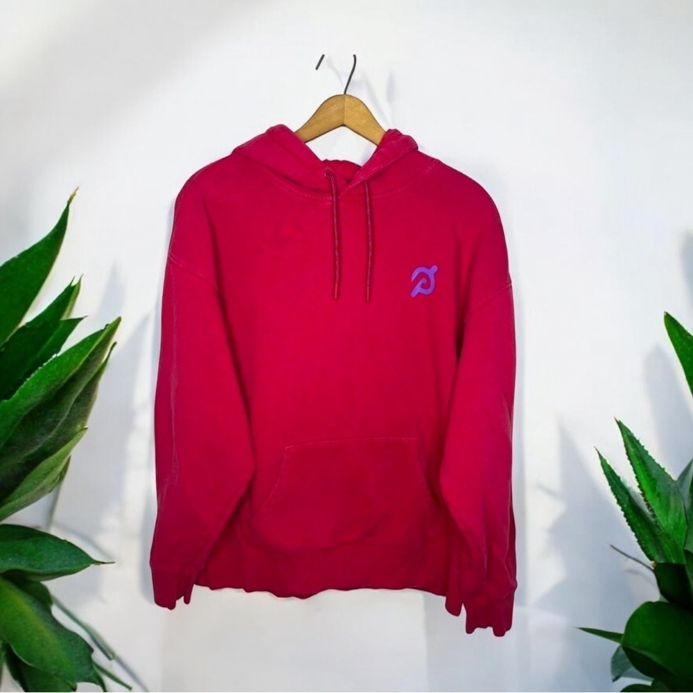 Peloton Pink Logo Hoodie Women’s Large Spellout Sleeve Distressed Faded
